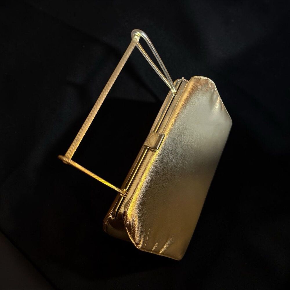 Gold Lame’ Handbag Clutch Purse With Fold Down Metal Handle 60s Era Glam